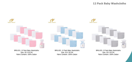 12-Pack 100% Cotton Small Terry Washcloths  for Newborns & Infant