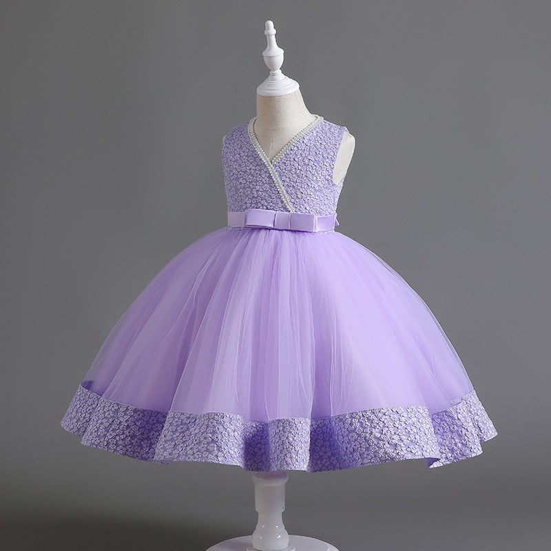 Elegant Tulle princess Dress with pearl accent & Bow Belt