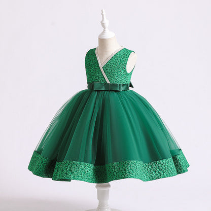 Elegant Tulle princess Dress with pearl accent & Bow Belt