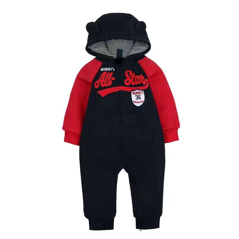 Baby hooded one-piece layered Red and Navy romper