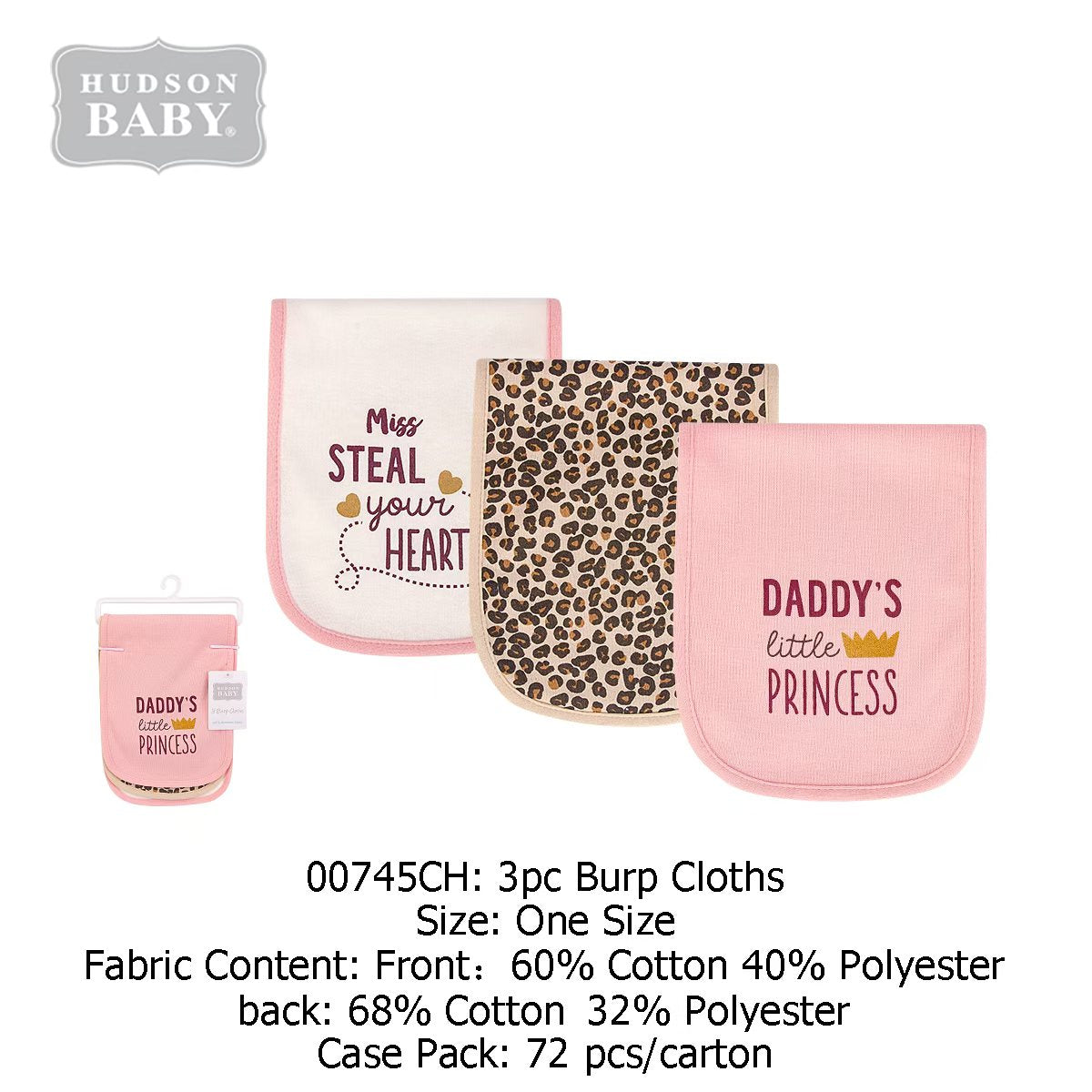 Hudson Baby 3-piece burp cloth in pink and brown