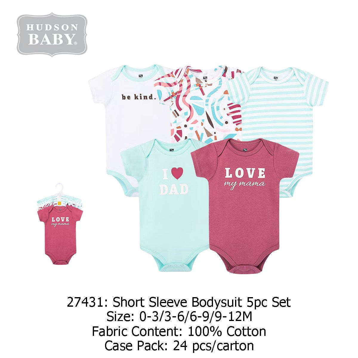 Hudson Baby "Love Mom & Dad" Short Sleeve Bodysuit 5 pc pack