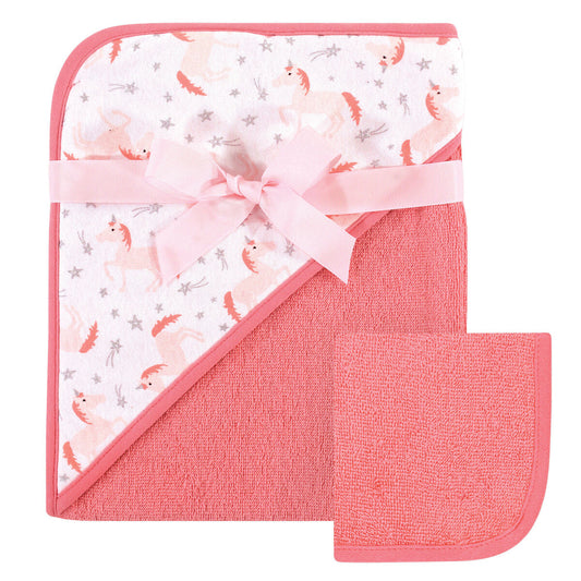 Hudson Baby "Pink Unicorn" Cotton Hooded Towel and Washcloth