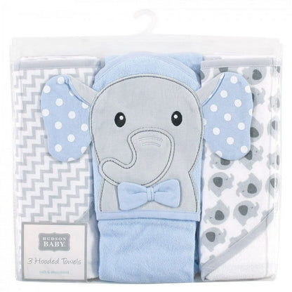 Hudson Baby "Blue Elephant" Cotton Rich Hooded Towels 3 Piece Set