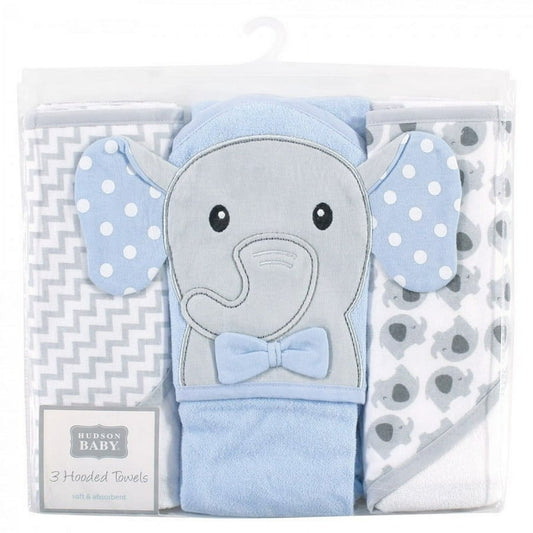 Hudson Baby "Blue Elephant" Cotton Rich Hooded Towels 3 Piece Set