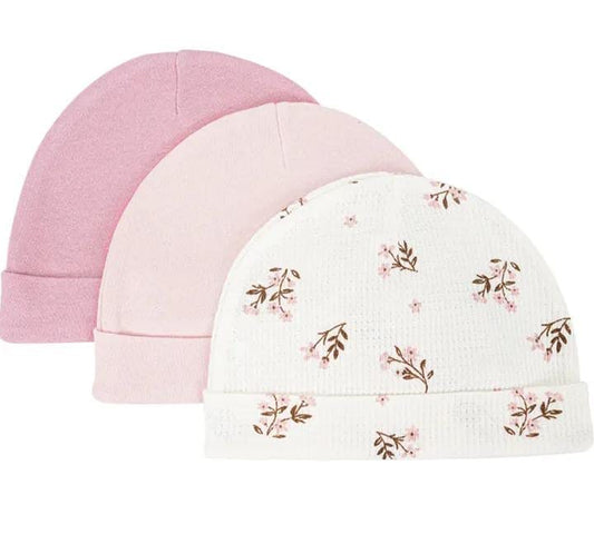 Newborn hats 3pc white and pink floral design