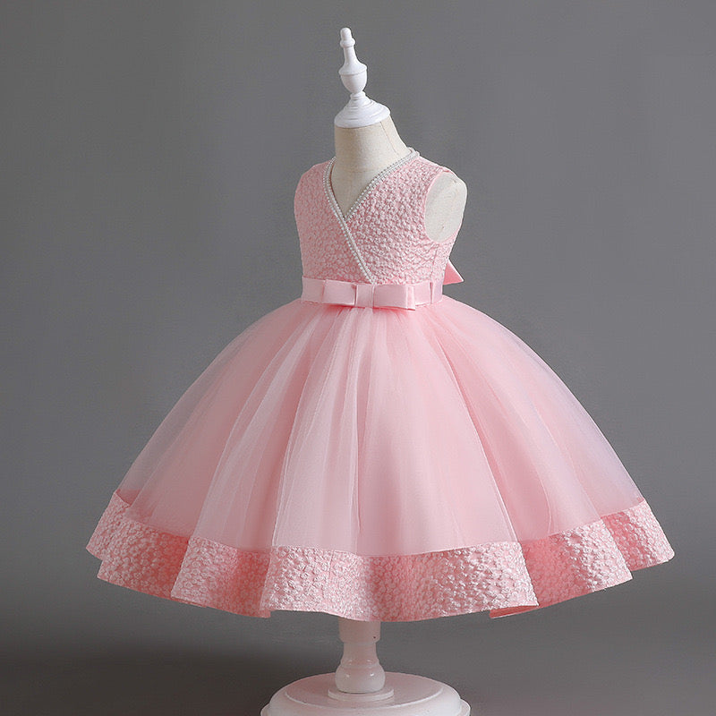 Elegant Tulle princess Dress with pearl accent & Bow Belt